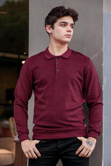 Erkek Bordo Slim Fit  Polo Yaka Düğmeli Selanik Sweatshirt F51564