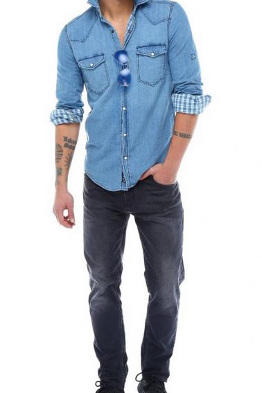 Erkek A.Mavi Katlamalı Kol Sedef Düğmeli Cepli Kot Slim Gömlek 5205