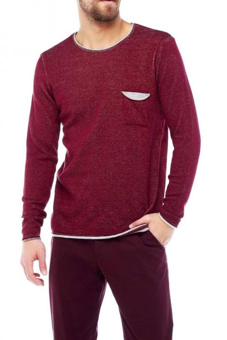 Erkek Bordo Slim Fit Cep Detaylı Jakarlı Bisiklet Yaka Triko Kazak 93017