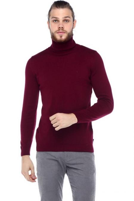 Erkek Bordo Slim Fit Basıc Yarım Balıkçı Triko Kazak F93026