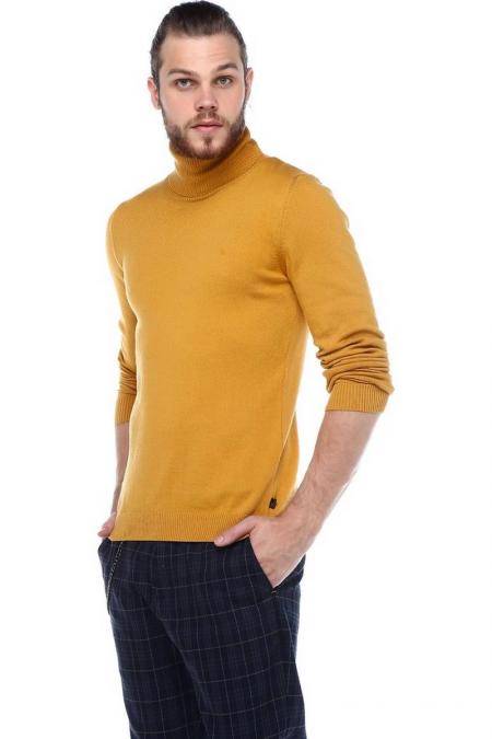 Erkek Hardal Slim Fit Basıc Yarım Balıkçı Triko Kazak F93026