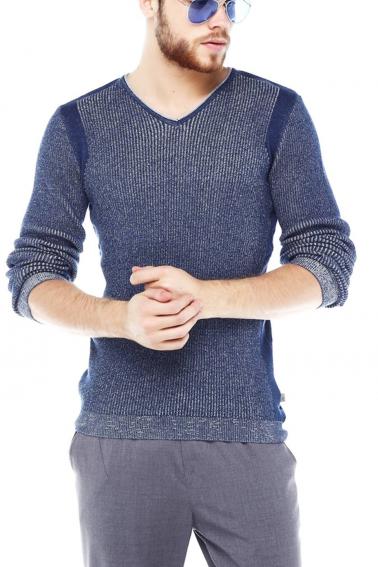 Erkek İndigo Slim Fit Jakrlı V Yaka Fitilli Triko Kazak 93033