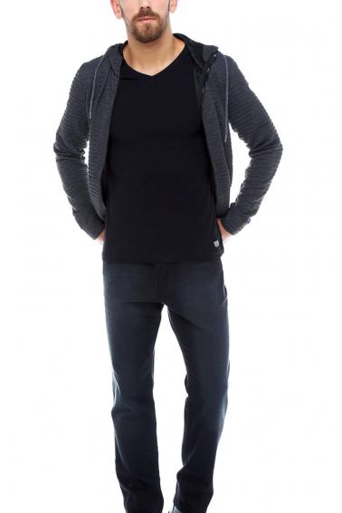 Erkek Siyah Slim Fit  V Yaka Penye Uzun Kol T-Shirt