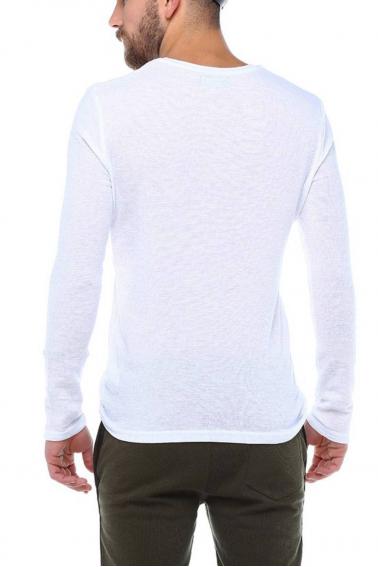 Erkek Beyaz Slim Fit  V Yaka Penye Uzun Kol T-Shirt