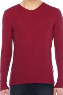 Erkek Bordo Slim Fit  V Yaka Penye Uzun Kol T-Shirt