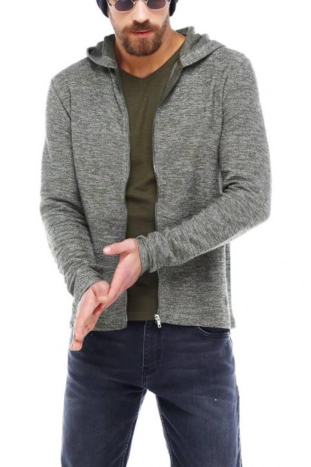 Erkek HAKİ Slim Fit  Kapüşonlu Fermuarlı Sweatshirt Hırka