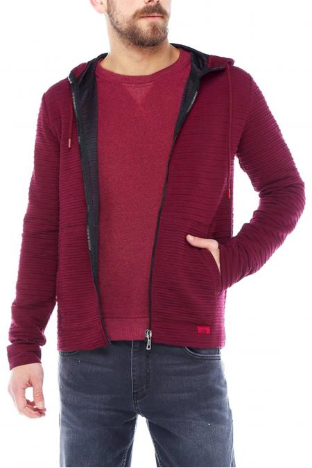 Erkek Bordo Slim Fit Örme Fermuarlı Kapüşonlu Sweatshirt 95037