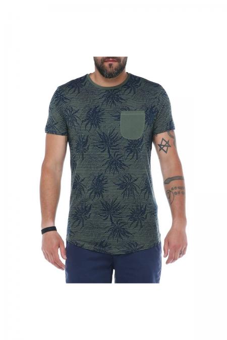 Erkek Haki Desenli Bisiklet Yaka Cepli Modern Kesim Kısa Kollu T-Shirt F5157