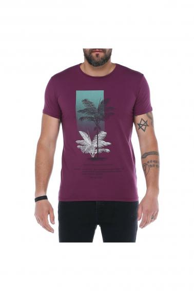 Erkek Bordo Bisiklet Yaka Baskılı Modern Kesim Kısa Kollu T-Shirt F5169