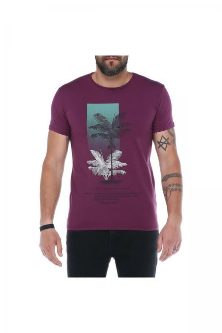 Erkek Bordo Bisiklet Yaka Baskılı Modern Kesim Kısa Kollu T-Shirt F5169