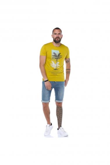 Erkek Hardal Bisiklet Yaka Baskılı Modern Kesim Kısa Kollu T-Shirt F5169