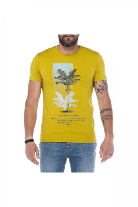 Erkek Hardal Bisiklet Yaka Baskılı Modern Kesim Kısa Kollu T-Shirt F5169