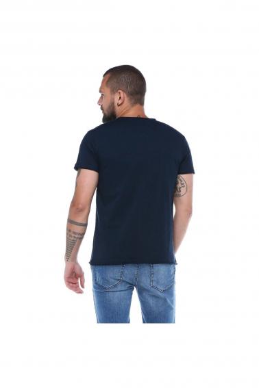 Erkek Lacivert Bisiklet Yaka Baskılı Modern Kesim Kısa Kollu T-Shirt 5197