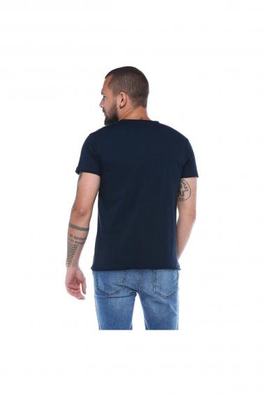 Erkek Lacivert Bisiklet Yaka Baskılı Modern Kesim Kısa Kollu T-Shirt F5197