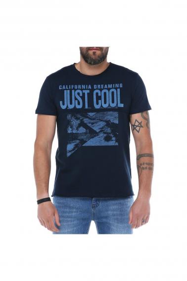 Erkek Lacivert Bisiklet Yaka Baskılı Modern Kesim Kısa Kollu T-Shirt 5197