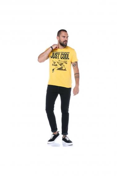 Erkek Hardal Bisiklet Yaka Baskılı Modern Kesim Kısa Kollu T-Shirt 5197