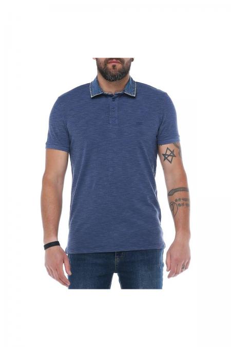 Erkeke İndigo Polo Denim Yaka Nakışlı Pike Slim Fit T-Shirt F559