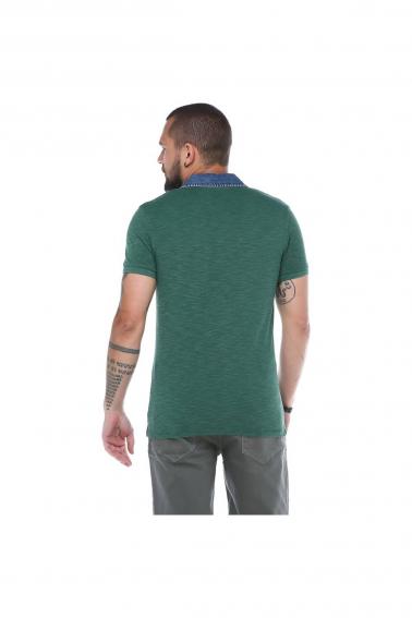 Erkeke Yeşil Polo Denim Yaka Nakışlı Pike Slim Fit T-Shirt F559