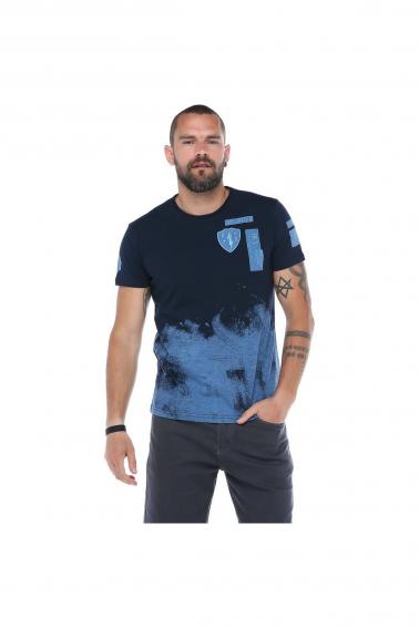 Erkek Lacivert Bisiklet Yaka Baskılı Armalı Slim Fit Kısa Kollu T-Shirt F5194