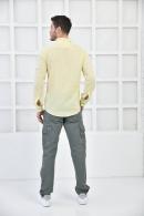 Erkek Sarı Keten Cepli Modern Kalıp Kollar Katlanabilir Gömlek F5159