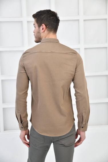 Bej Erkek Gabardin Slim Fit Düğmeli Yaka Gömlek F6204