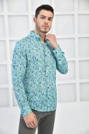 Erkek Yeşil Desenli Poplin Kumaş Slim Fit Kollar Katlanabilir Gömlek F5179