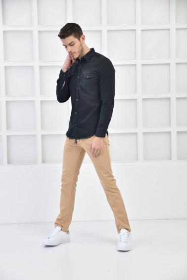 SİYAH Erkek Denim Yıkamalı Sedef ÇıtÇıt Cepli Slim Fit Gömlek F6170