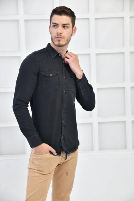 SİYAH Erkek Denim Yıkamalı Sedef ÇıtÇıt Cepli Slim Fit Gömlek F6170