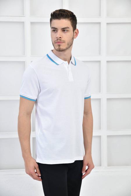 Beyaz Erkek Polo Yaka Modern Kesim Pike Kumaş T-Shirt F5421