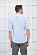 Erkek Mavi Desenli Krep Kumaş Modern Kalıp Kollar Katlanabilir Gömlek F5176
