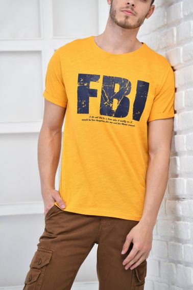 Hardal Erkek Bisiklet Yaka FBI Baskılı Slim Fit T-Shirt F5442