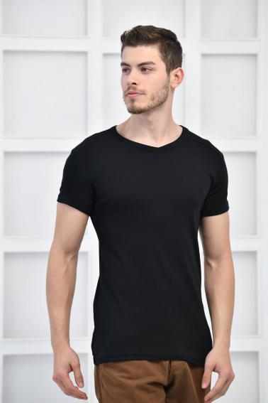 Siyah Erkek V Yaka Basıc Likralı T-Shirt F5123