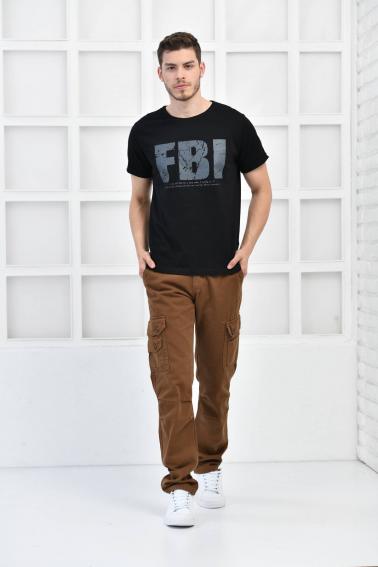 Siyah Erkek Bisiklet Yaka FBI Baskılı Slim Fit T-Shirt F5442