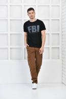 Siyah Erkek Bisiklet Yaka FBI Baskılı Slim Fit T-Shirt F5442