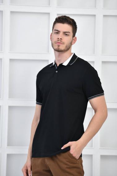 Siyah Erkek Polo Yaka Modern Kesim Pike Kumaş T-Shirt F5429