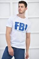 Beyaz Erkek Bisiklet Yaka FBI Baskılı Slim Fit T-Shirt F5442