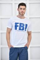 Beyaz Erkek Bisiklet Yaka FBI Baskılı Slim Fit T-Shirt F5442