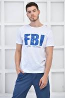 Beyaz Erkek Bisiklet Yaka FBI Baskılı Slim Fit T-Shirt F5442