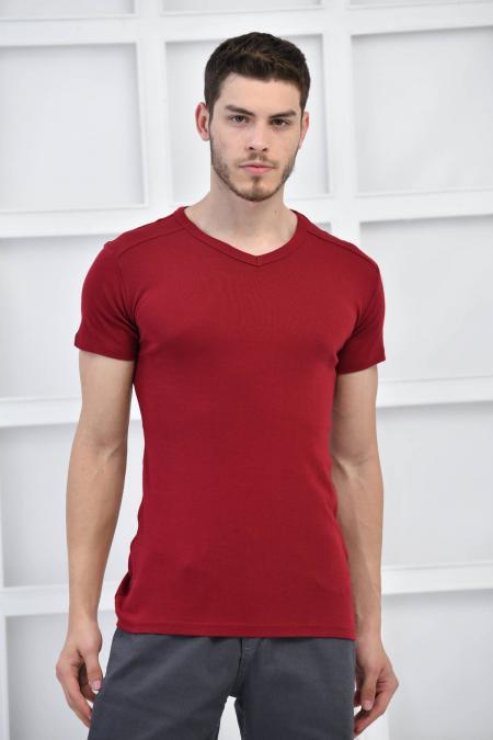 Bordo Erkek V Yaka Basıc Likralı T-Shirt F5123