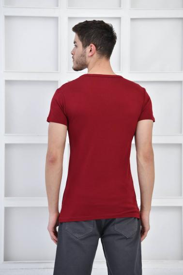 Bordo Erkek V Yaka Basıc Likralı T-Shirt F5123