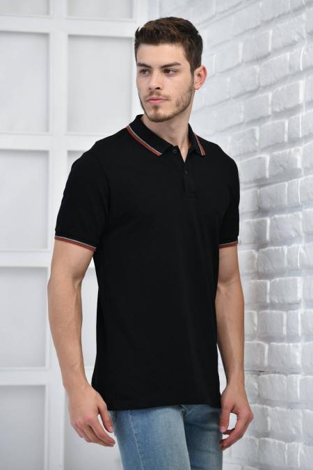 Siyah Erkek Polo Yaka Modern Kesim Pike Kumaş T-Shirt F5421