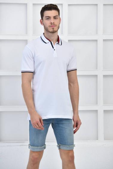 Beyaz Erkek Polo Yaka Modern Kesim Pike Kumaş T-Shirt F5429