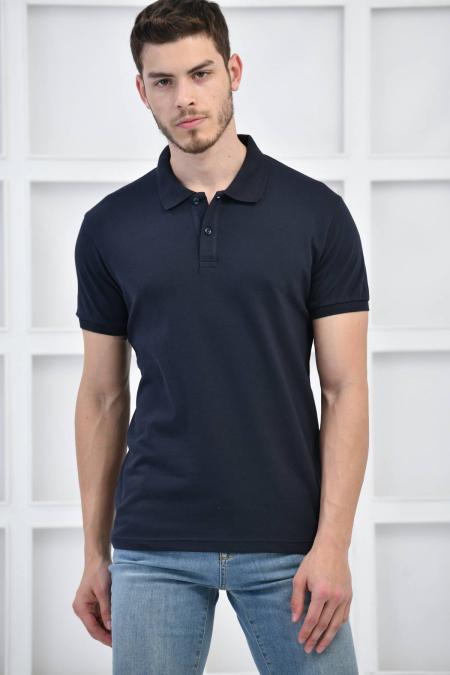 Lacivert Erkek Düz Pike Polo Yaka Likralı Slim Basıc T-Shirt F51610