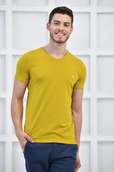 Hardal Erkek V Yaka Basıc Likralı Slim Fit T-Shirt F5173