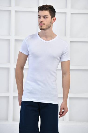 Beyaz Erkek V Yaka Basıc Likralı T-Shirt F5123