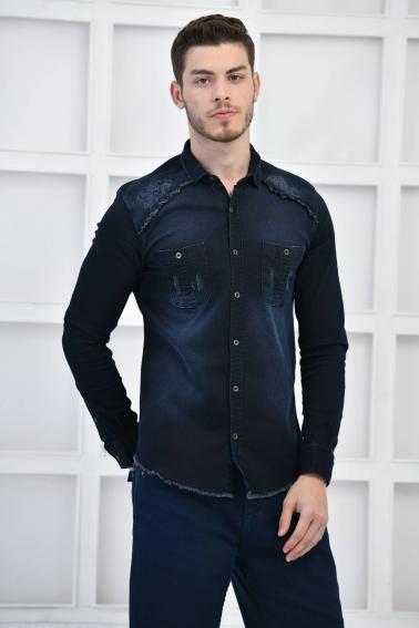 Lacivet Erkek Denim Yıkamalı Taşlamalı Cepli Slim Fit Kot Gömlek F6142