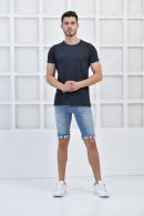 Lacivert Erkek Bisiklet Yaka İnce Çizgili Likralı Slim Fit T-Shirt F5432