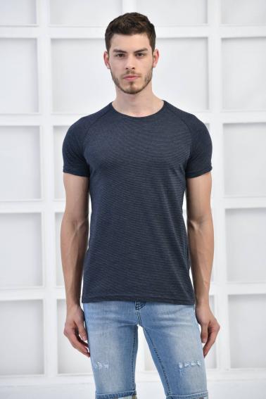 Lacivert Erkek Bisiklet Yaka İnce Çizgili Likralı Slim Fit T-Shirt F5432