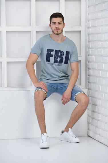 Mint Erkek Bisiklet Yaka FBI Baskılı Slim Fit T-Shirt F5442