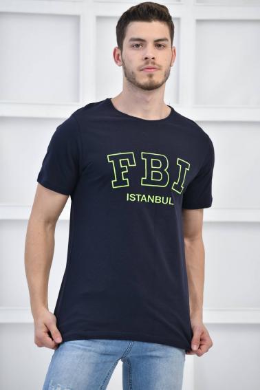 Lacivert Erkek Bisiklet Yaka FBI Nakışlı Slim Fit T-Shirt F5439